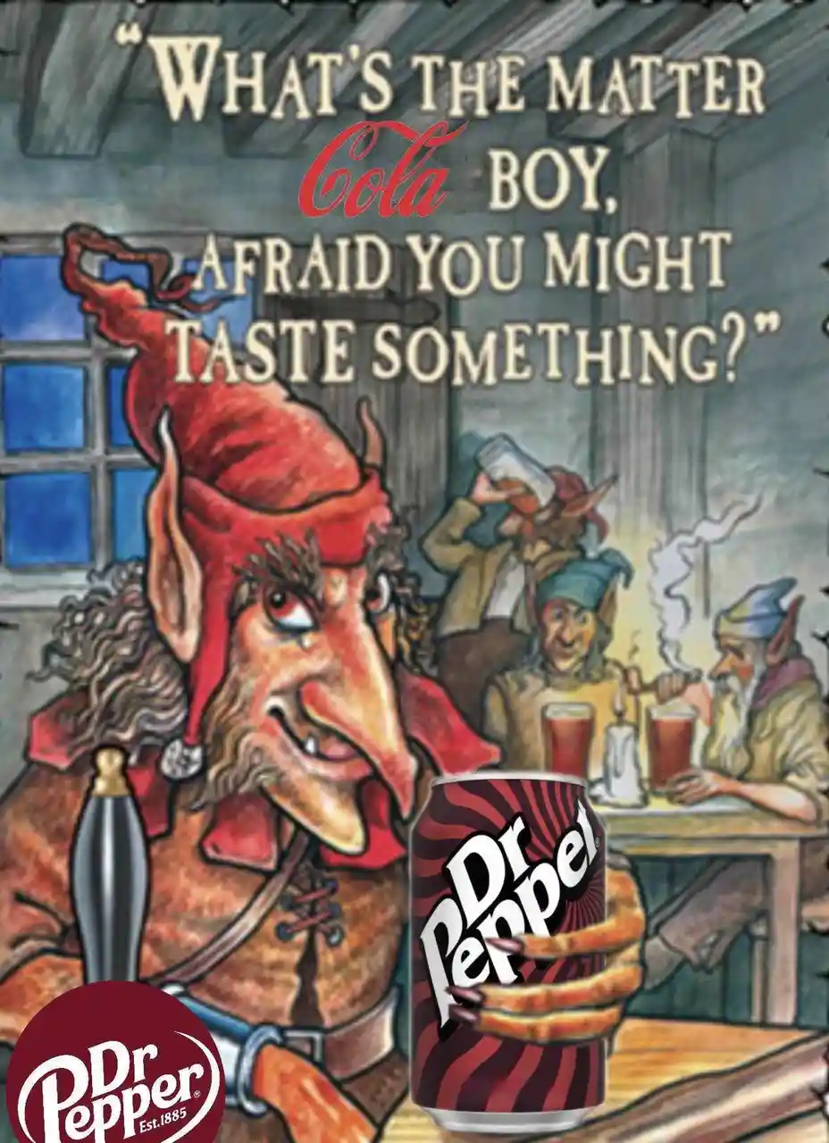A cartoonish, red-hatted troll-like creature with a long nose and clawed hands holds a Dr Pepper can at a wooden table in a…