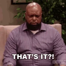 A six-panel image grid shows a bald Black man with a beard wearing a purple checkered shirt, seated in a beige armchair. He…