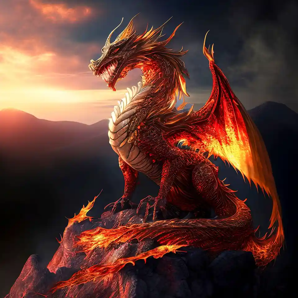A majestic, fiery red dragon with glowing orange scales and wings perched atop a rocky mountain peak at sunset. The dragon's…