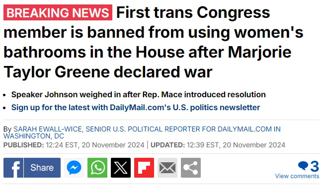 A screenshot of a DailyMail.com news article with a red 'BREAKING NEWS' banner. The headline reads 'First trans Congress…