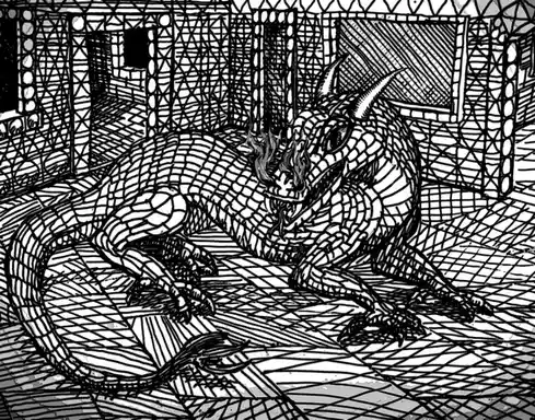 A black-and-white line drawing depicts a menacing dragon with horns and flames, coiled inside a cage made of thick…
