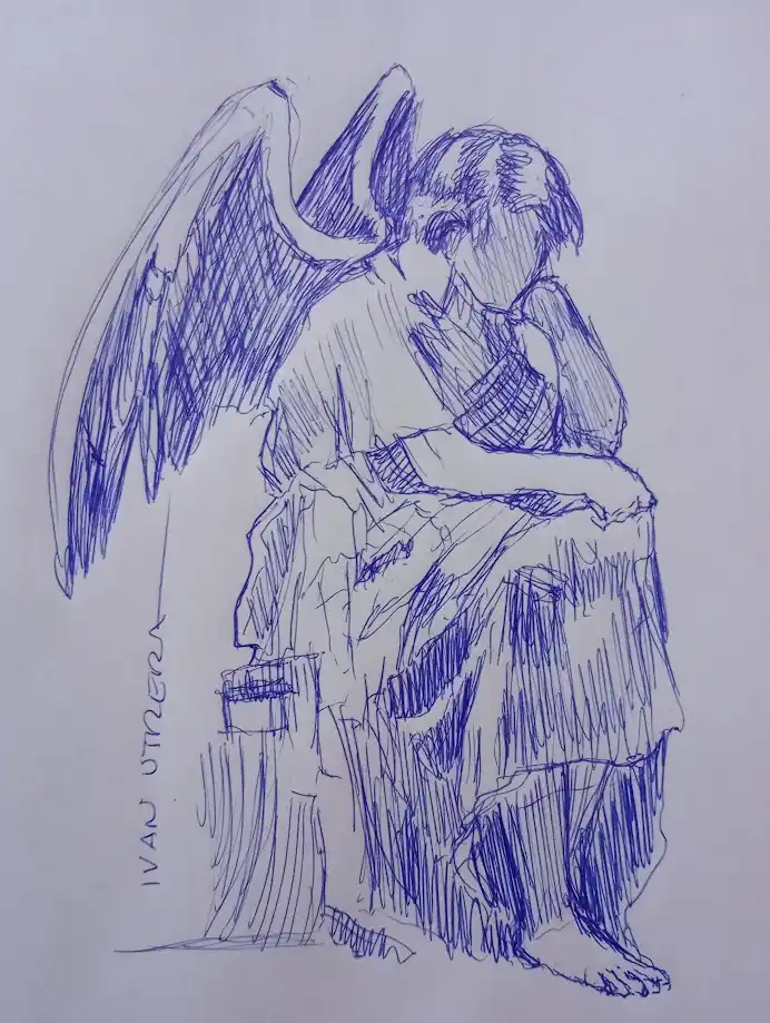 A blue ink sketch depicts a winged angelic figure sitting on a stone pedestal, head bowed and hands clasped near their face…