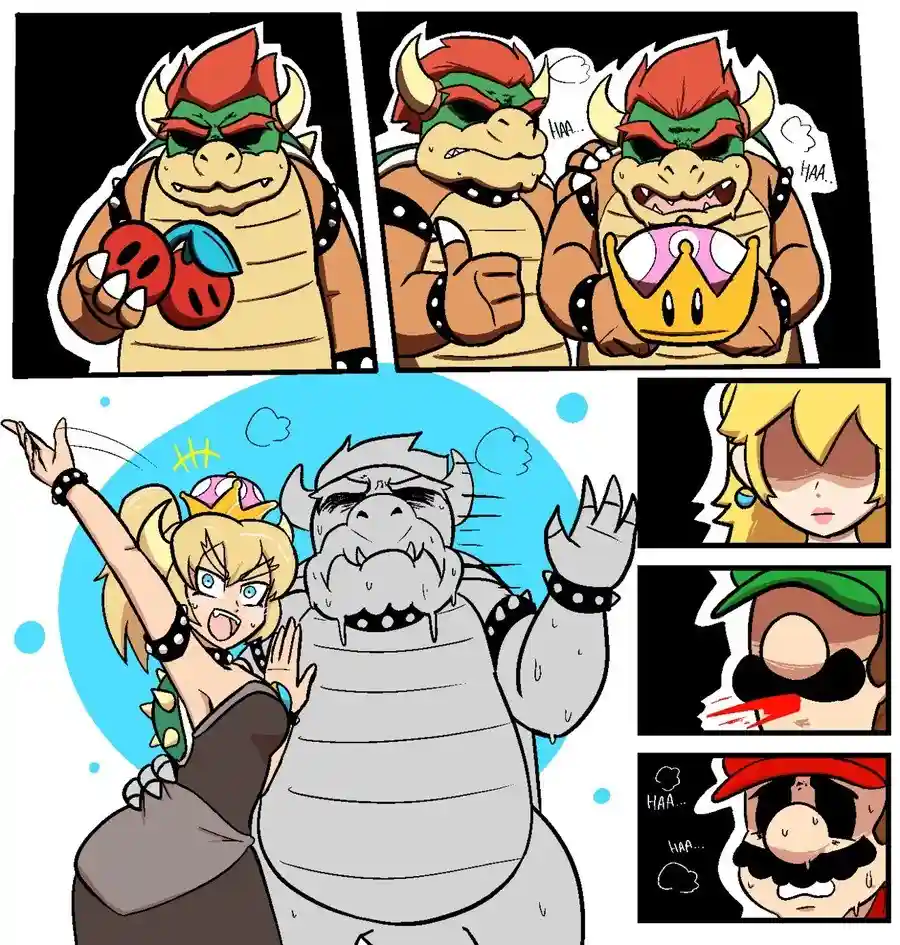 A comic strip shows Bowser holding a crown and a red object, then laughing with another Bowser. Below, a large, gray…