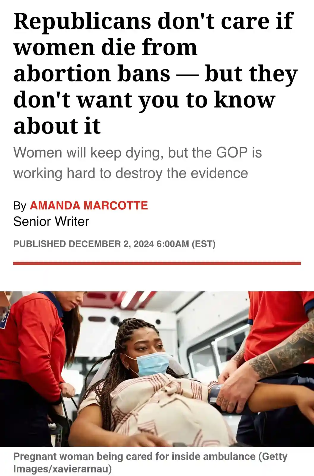The image displays a news article header with the headline 'Republicans don't care if women die from abortion bans — but…