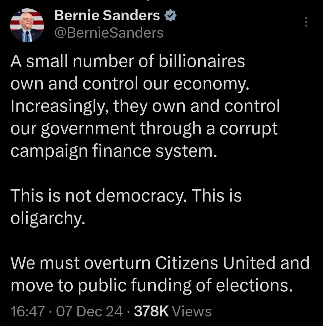 A screenshot of a verified Twitter post by Bernie Sanders, showing his profile picture and a tweet criticizing billionaires'…