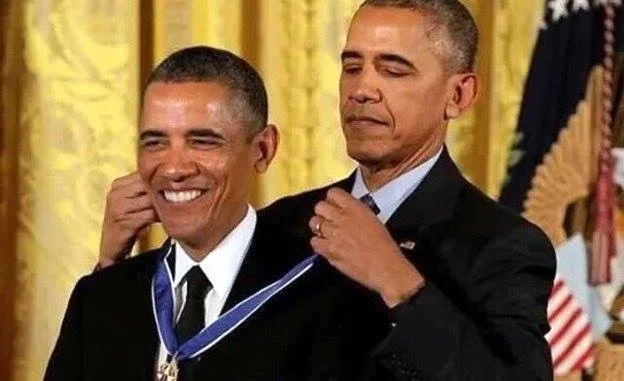 Two men, both identified as Barack Obama, are shown in a formal setting with gold drapes and American flags. One man…