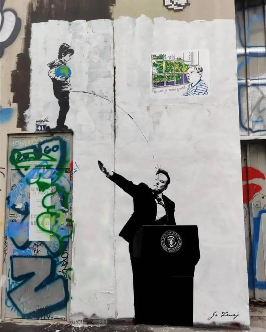 A street art mural depicts a man in a suit at a podium with the U.S. presidential seal, gesturing upward as if casting a…