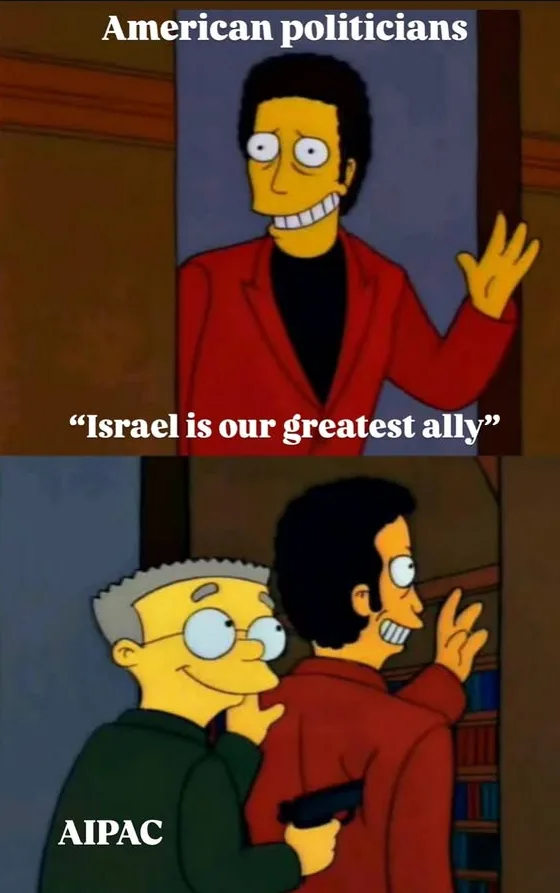 The top panel shows a cartoon man in a red jacket smiling and waving, labeled 'American politicians' with the text 'Israel…