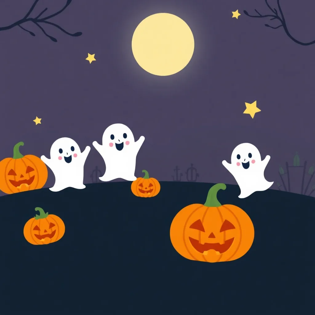 A cartoon Halloween scene with three smiling white ghosts and several jack-o'-lanterns under a full moon and stars. The…
