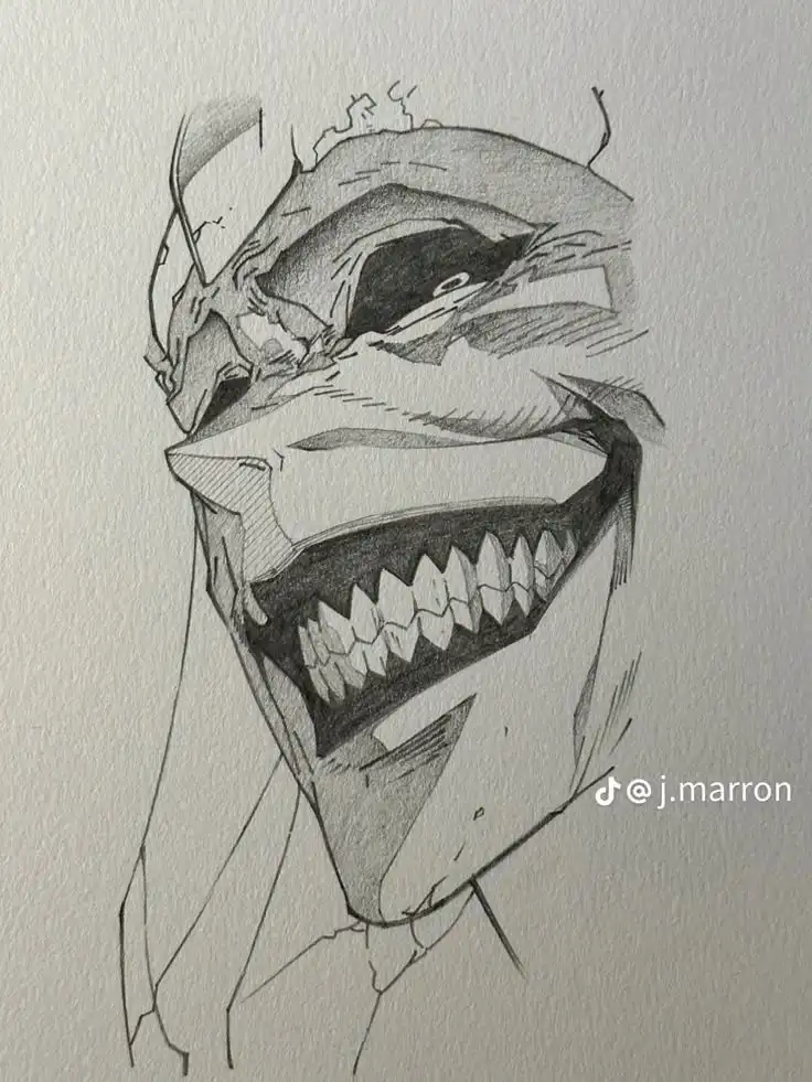 A pencil sketch depicts a stylized, menacing anime-style face with a wide, toothy grin, cracked skin, and intense eyes…