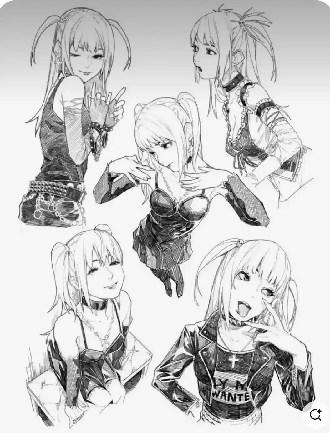 A black-and-white sketch compilation of five anime-style female characters in various poses and outfits, including punk…