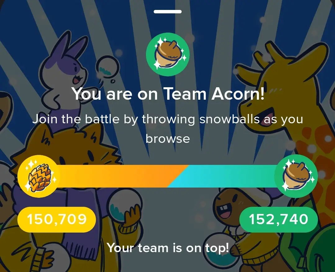 A screenshot from a mobile game interface shows a scoreboard with two teams: 'Team Acorn' (green, 152,740 points) and 'Team…
