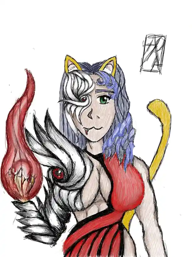 A hand-drawn illustration of a fantasy character with cat ears, blue and white hair, and a yellow tail, wearing a red outfit…