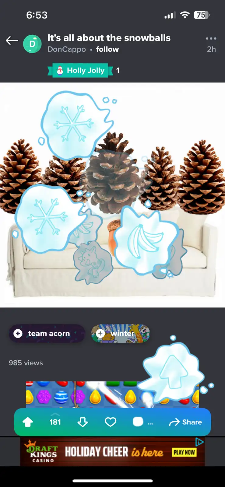 A screenshot of a social media post showing pinecones arranged on a white couch, overlaid with cartoonish snowflake and ice…