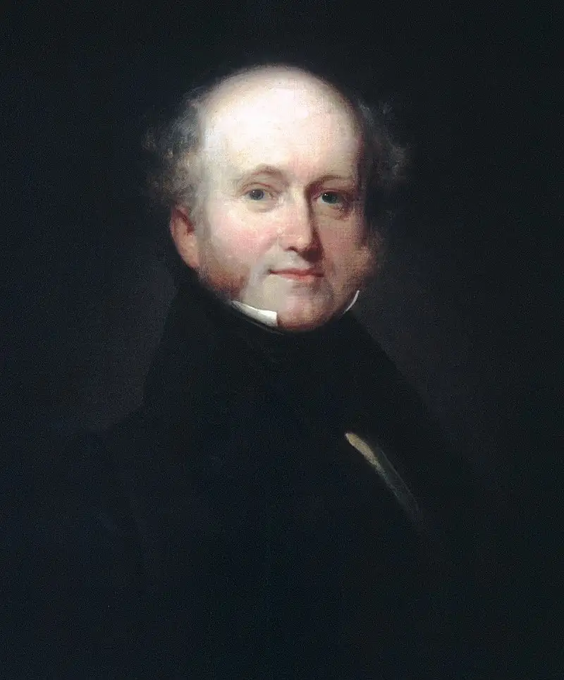 A classical portrait of a balding, middle-aged white man with a faint beard, wearing a dark formal coat with a white collar…