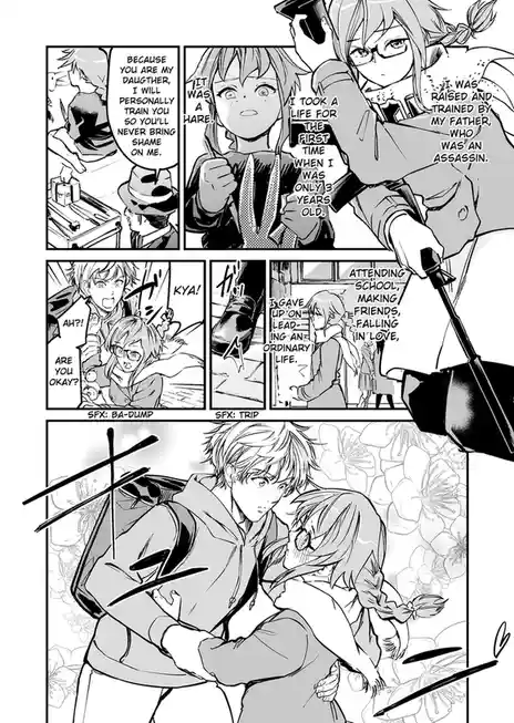 A black-and-white manga panel shows a girl being told she'll be trained by her assassin father, then recounting her…