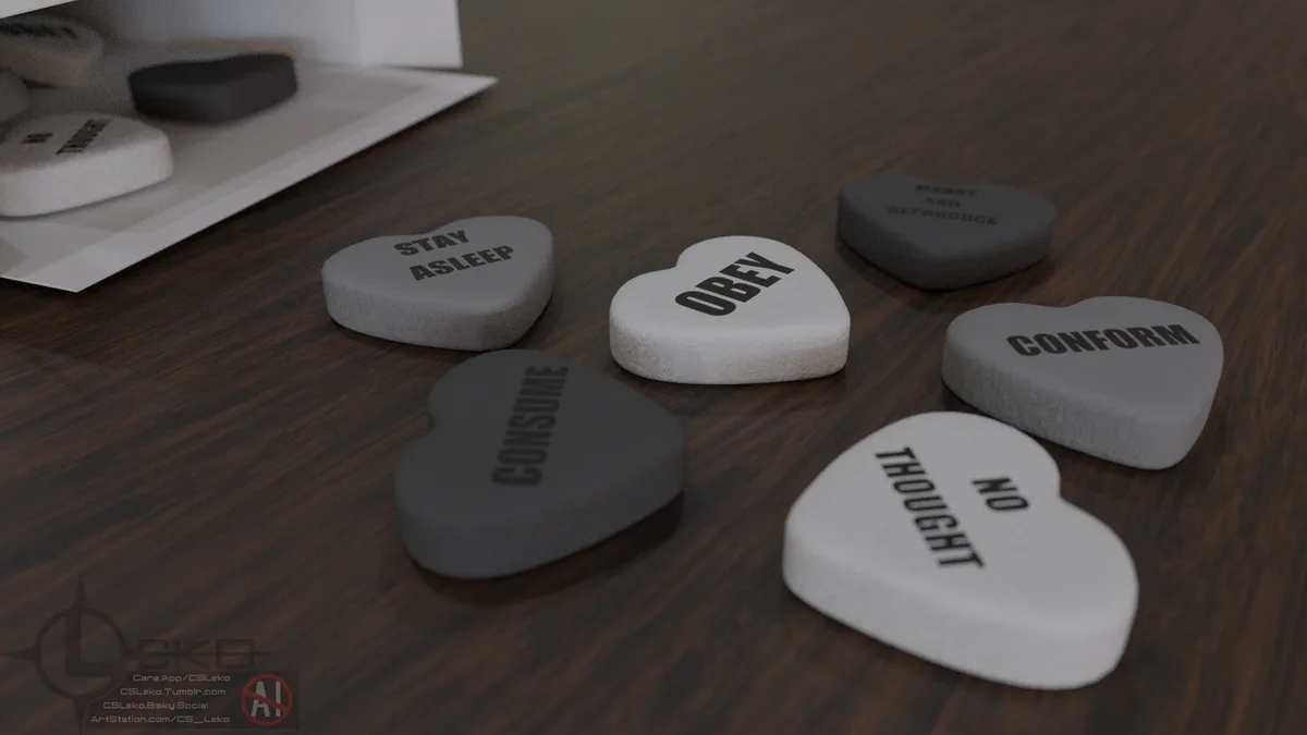 Several heart-shaped, grayish-white candies lie on a dark wooden surface, each engraved with a command like 'OBEY'…