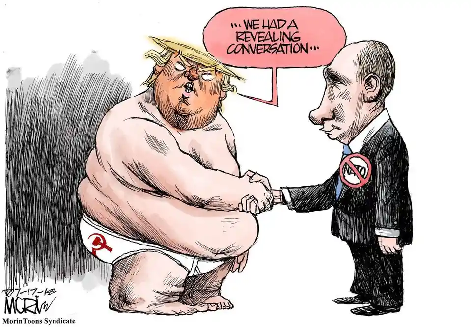 A cartoon depicts a caricature of Donald Trump, wearing only white underwear with a red hammer and sickle symbol, kneeling…