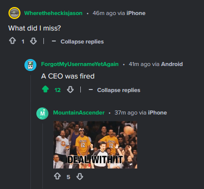 A screenshot of a Reddit thread where a user asks 'What did I miss?' and another replies 'A CEO was fired'. Below that, a…