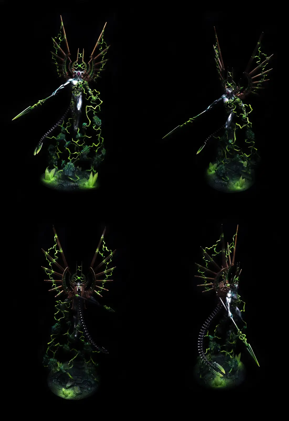 Four images show a detailed miniature figurine of a sci-fi angelic or demonic entity with glowing green energy, metallic…