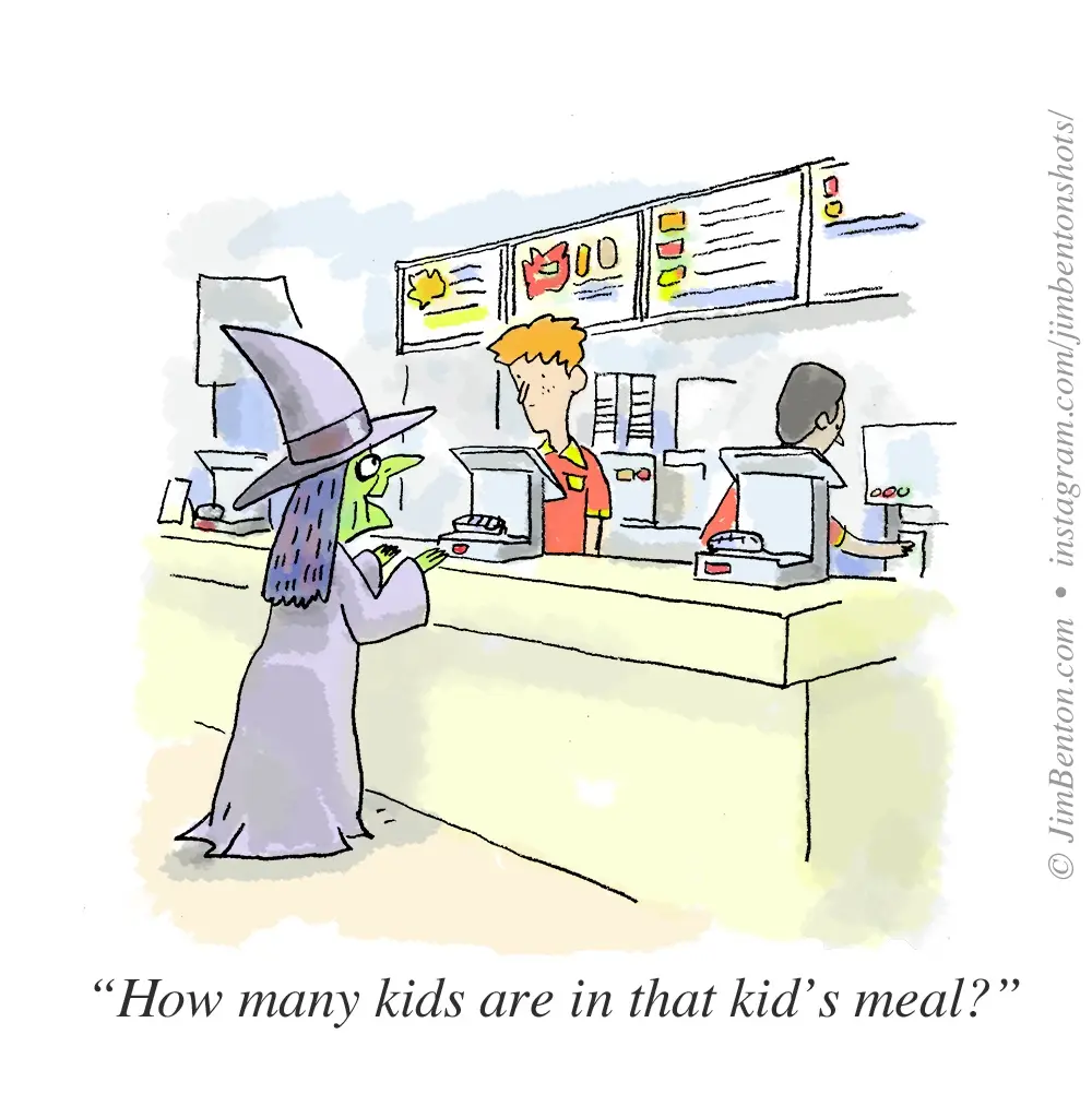 A cartoon witch in a purple robe and pointed hat stands at a fast-food counter, looking at a menu board with colorful food…