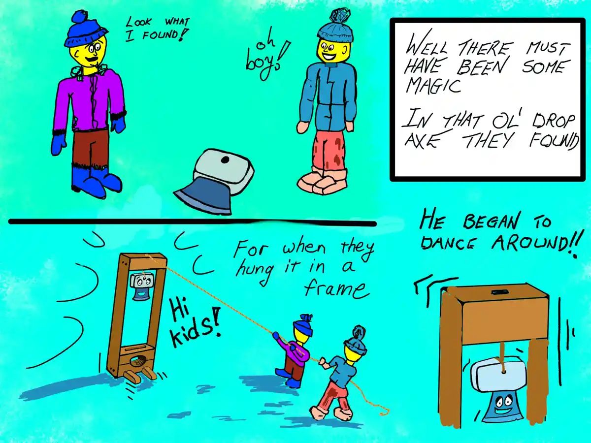 Two cartoon children in winter clothes find a drop axe, which they hang in a wooden frame. The axe, now animated with eyes…