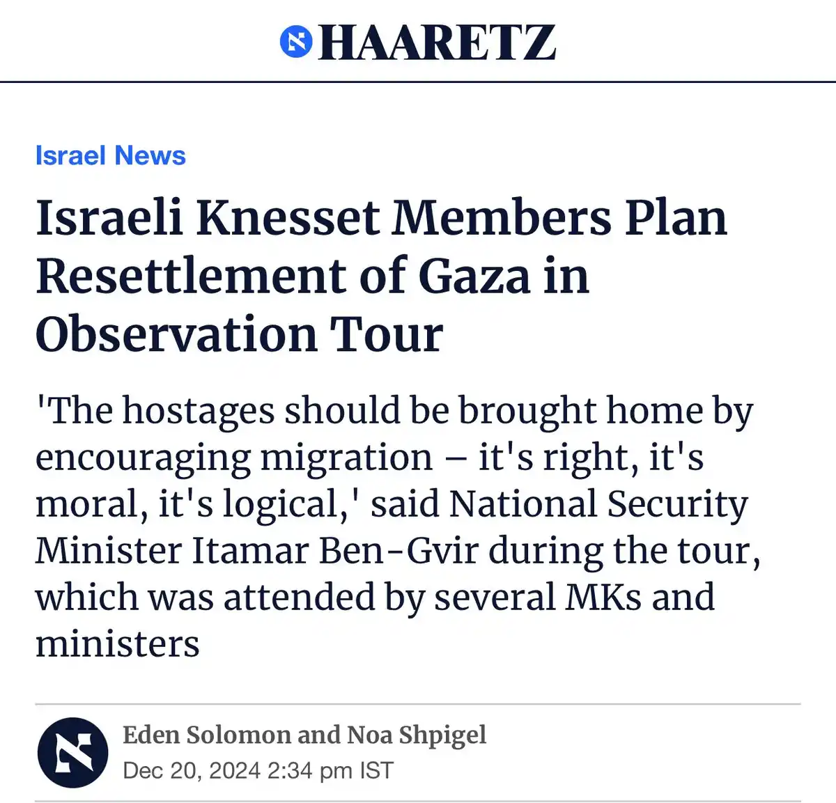 A screenshot of a Haaretz news article with the headline 'Israeli Knesset Members Plan Resettlement of Gaza in Observation…