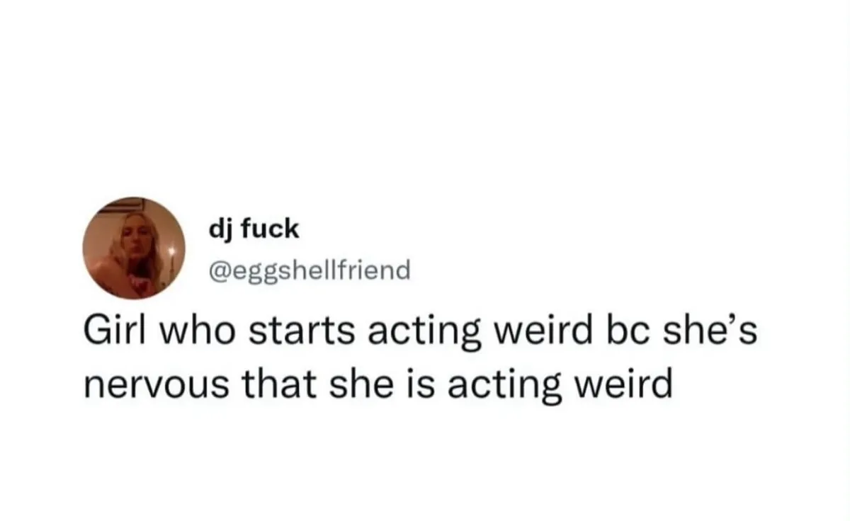 A screenshot of a tweet from user 'dj fuck' (@eggshellfriend) showing a circular profile picture of a woman with blonde…