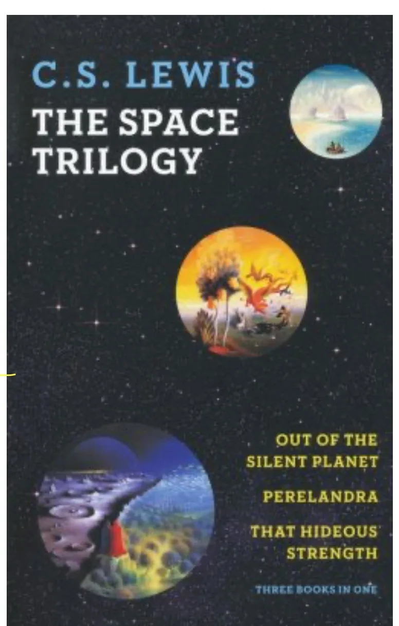The image shows a book cover for 'The Space Trilogy' by C.S. Lewis, featuring three illustrated planets against a starry…