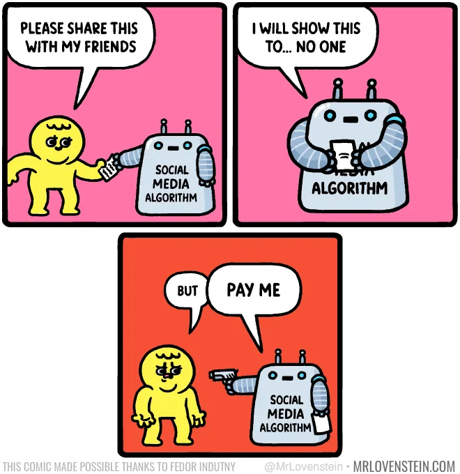 A three-panel comic shows a yellow cartoon character asking a robot labeled 'SOCIAL MEDIA ALGORITHM' to share content. The…