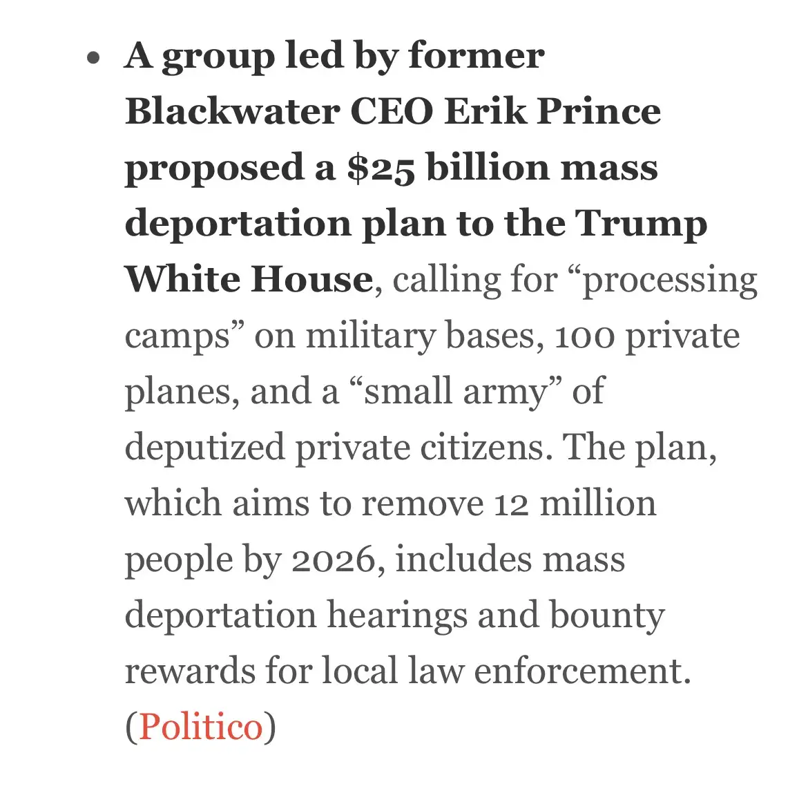 The image displays a block of text from a news article, detailing a proposed $25 billion mass deportation plan by a group…