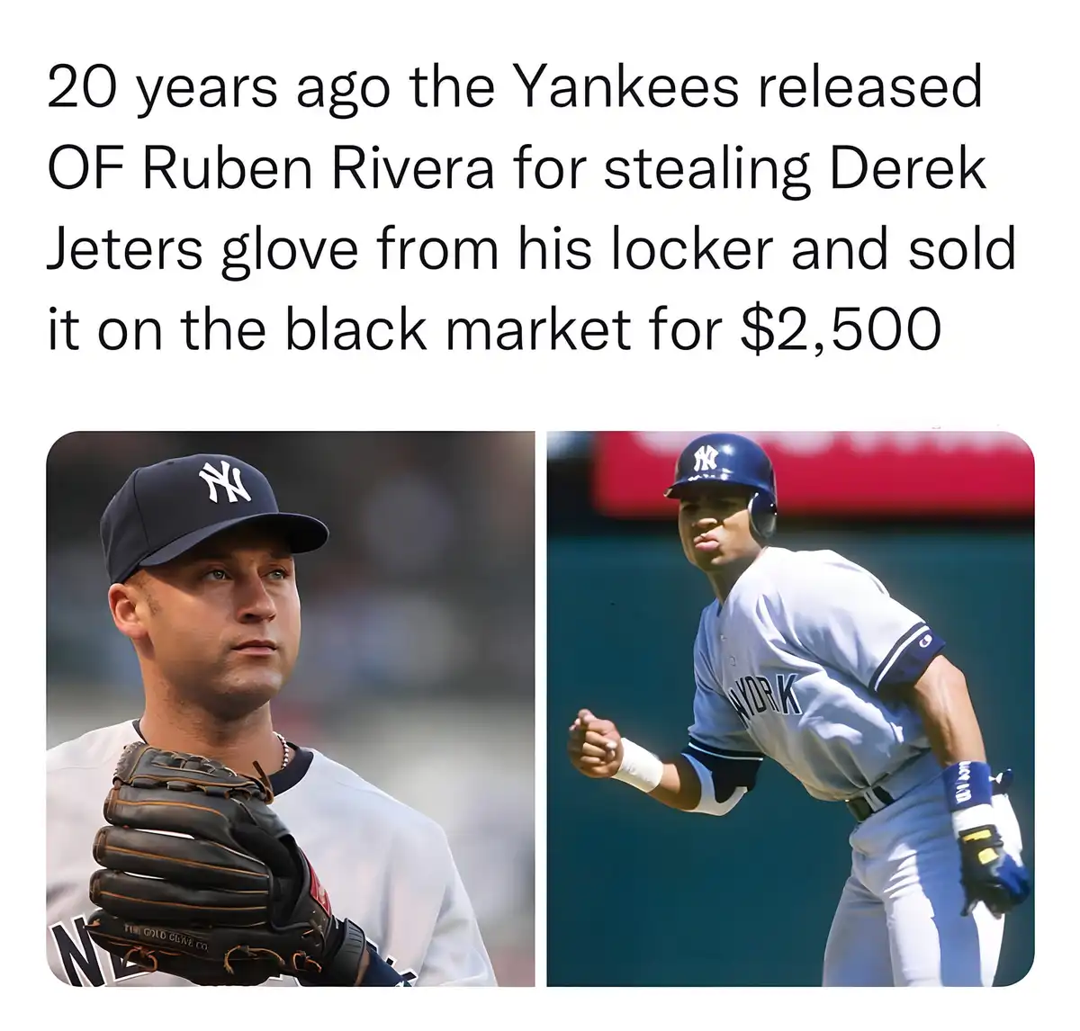 The image displays two photos of New York Yankees baseball players: one is Ruben Rivera holding a baseball glove, and the…