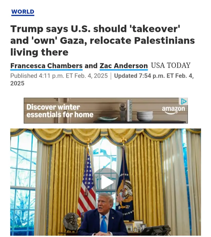 A screenshot of a USA TODAY news article from Feb 4, 2025, with a headline about Trump's controversial statements regarding…