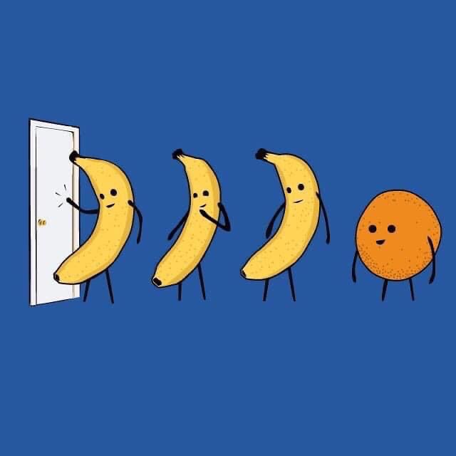 Three cartoon bananas with stick legs and arms stand in a line against a blue background, each holding a door handle or…