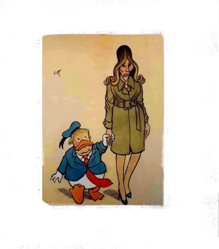 A vintage-style cartoon depicts Donald Duck in a blue suit and red tie, holding hands with a tall woman in a green trench…