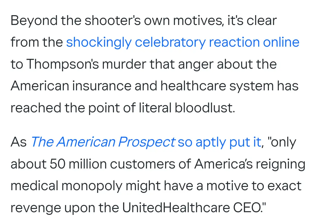 The image displays a block of text from an article, with two phrases highlighted in blue: 'shockingly celebratory reaction…