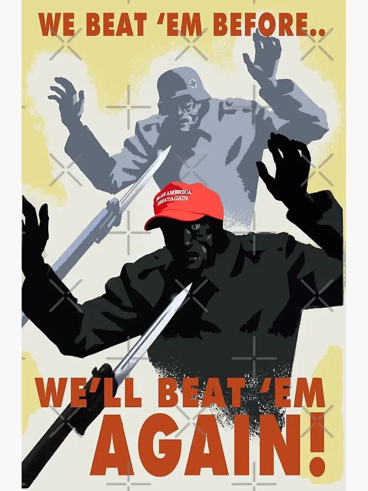 A stylized propaganda poster shows a dark silhouette of a man in a red 'MAKE AMERICA GREAT AGAIN' cap holding a rifle, with…