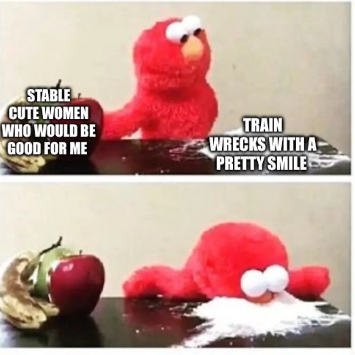 The image shows two panels of the red Sesame Street character Elmo. In the top panel, Elmo sits upright next to a banana and…