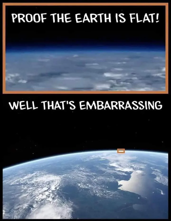 The image is split into two panels. The top panel shows a blurry, flat-looking horizon with clouds, labeled 'PROOF THE EARTH…