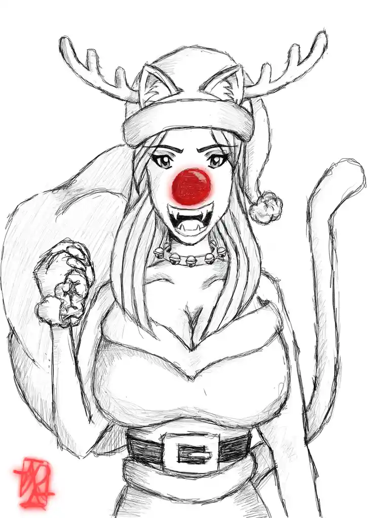 A black-and-white sketch of a female anime-style character with long hair, wearing a reindeer antler hat with cat ears, a…
