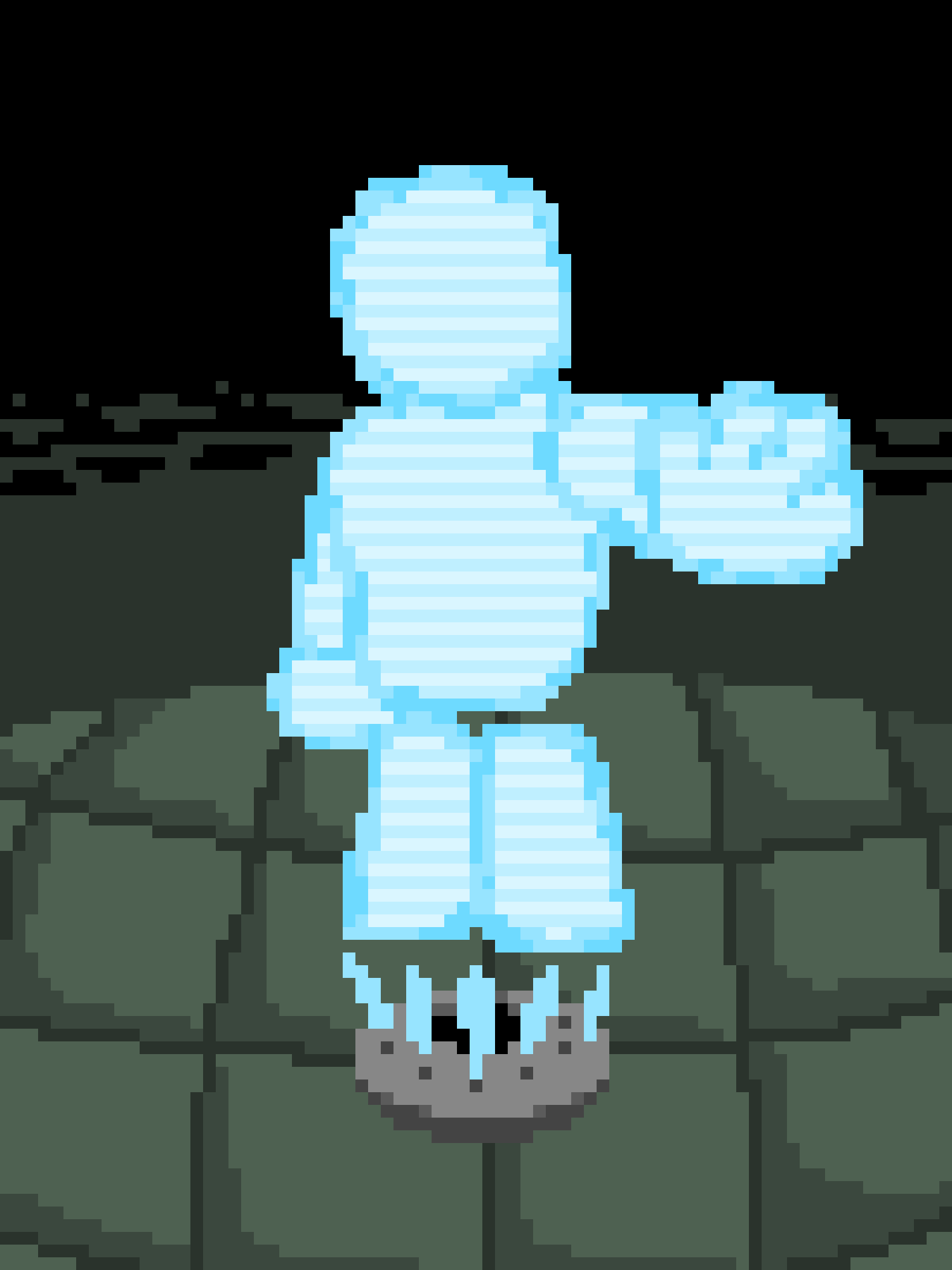 A pixelated, light blue snowman with a gray, face-like base stands against a dark green, blocky background. The snowman has…