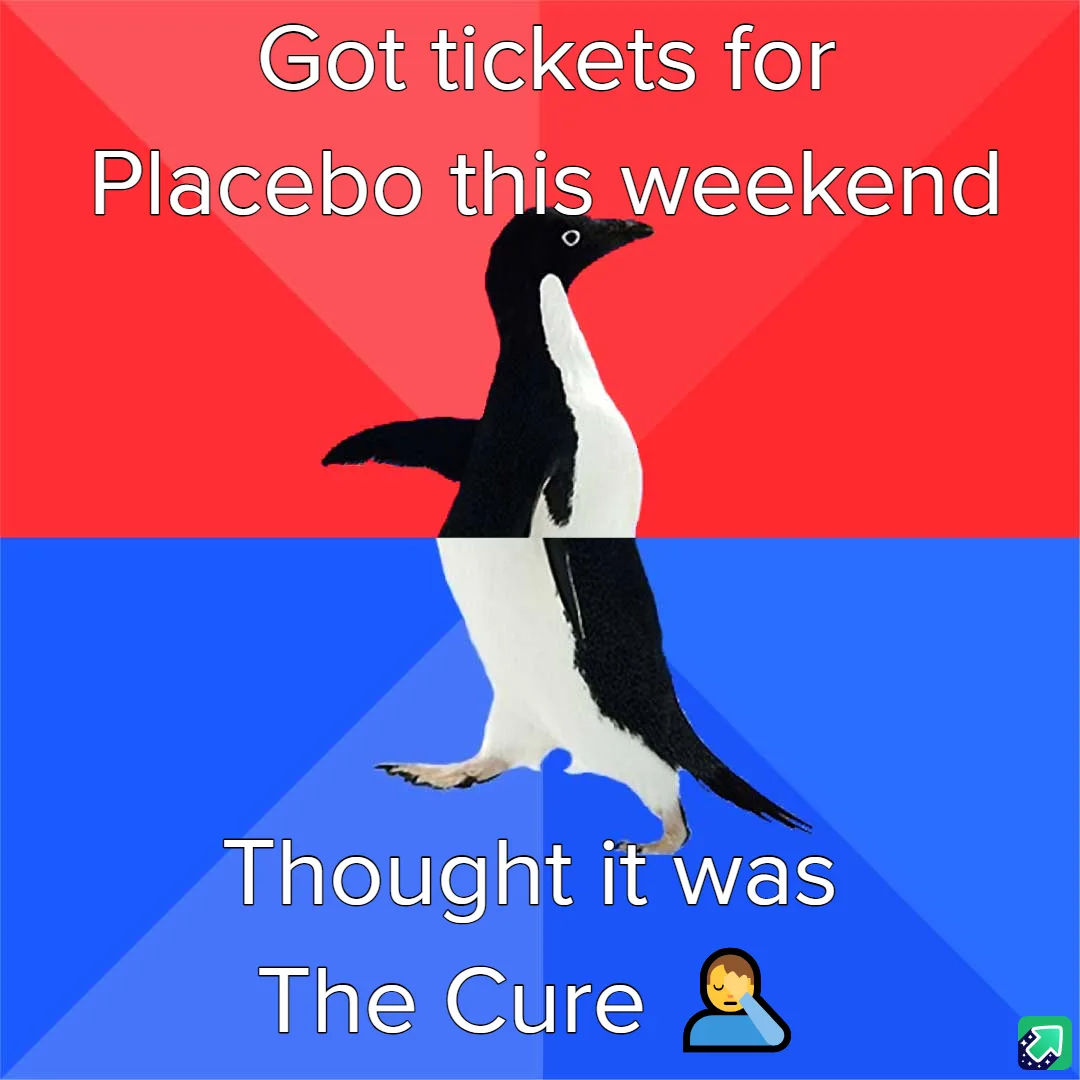A penguin stands centered against a red and blue background, split horizontally. White text at the top reads 'Got tickets…