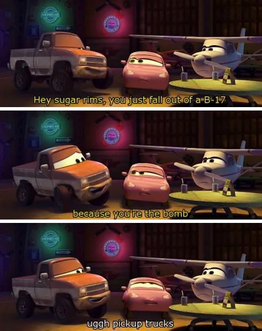 Three panels from Disney's Cars show a pickup truck, a pink car, and a plane in a garage. The pickup truck says to the pink…