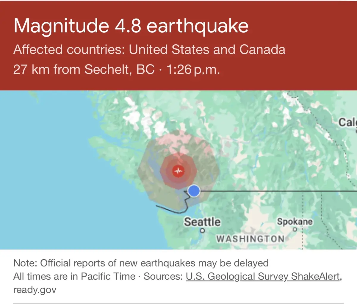 An earthquake alert map shows a magnitude 4.8 quake centered near Sechelt, BC, with concentric red circles indicating…