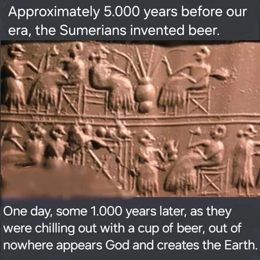 An ancient Sumerian relief carving depicts figures seated and engaged in activities, likely related to beer production or…
