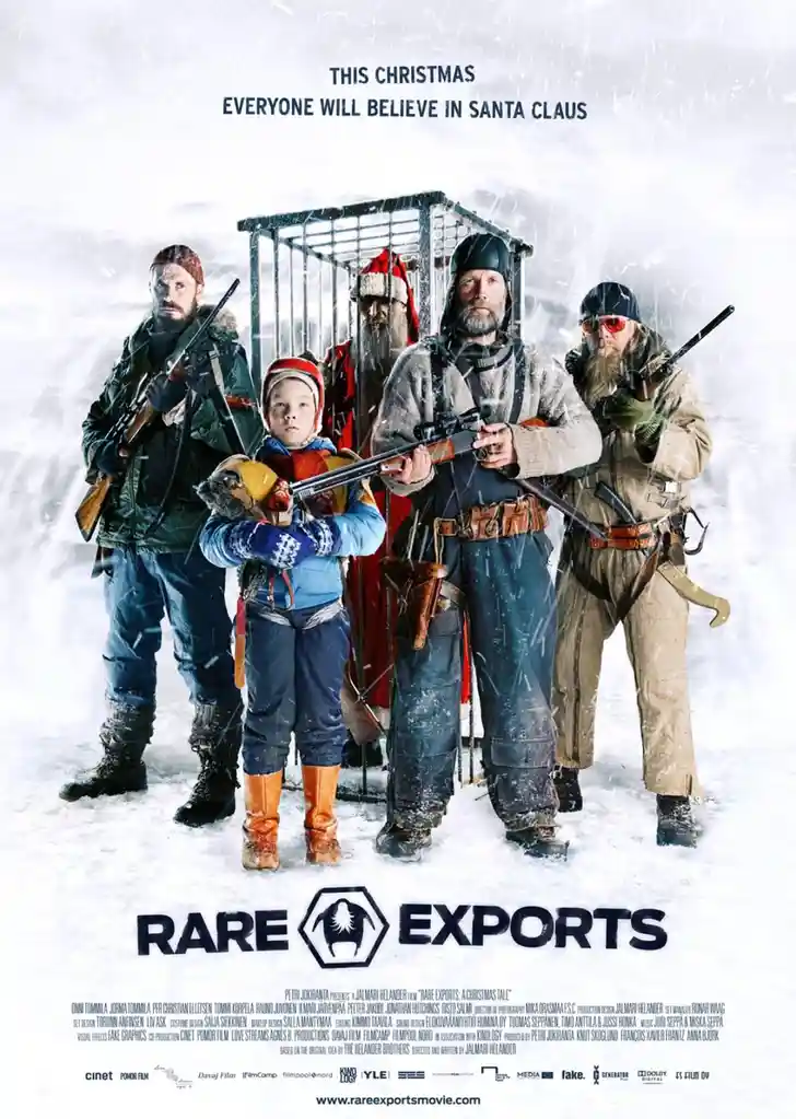 A movie poster for 'Rare Exports' shows a young boy holding a stuffed animal, flanked by three armed men in winter gear…