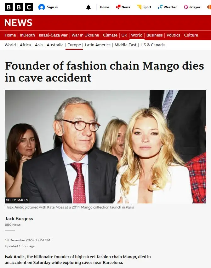 A BBC News article screenshot shows a photo of Isak Andic and Kate Moss at a 2011 Mango launch, overlaid with the headline…