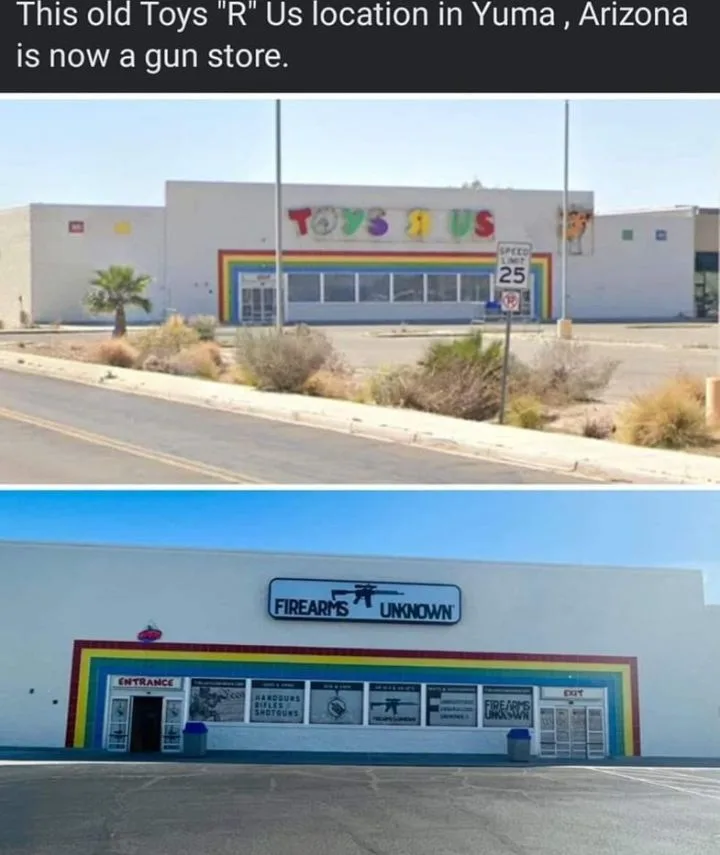 The image shows two photos of the same building: the top one is the former Toys 'R' Us store with its iconic rainbow arch…