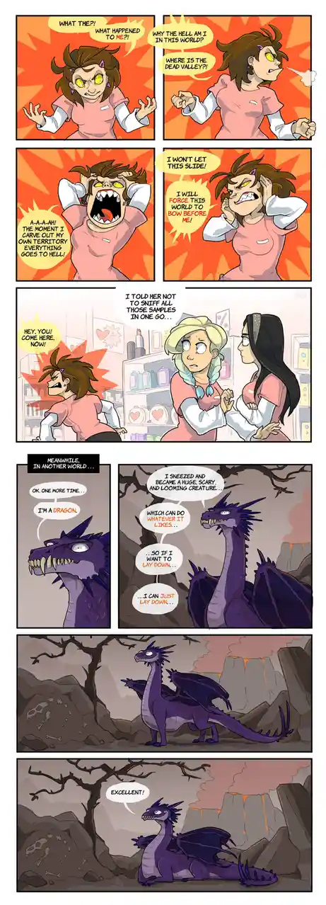 A comic strip shows a woman in a pink uniform panicking after a sneeze, transforming into a purple dragon. She rages about…