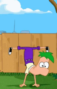A six-panel comic strip featuring the cartoon characters Phineas and Ferb performing increasingly absurd acrobatic flips and…